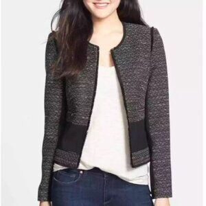 Halogen Boucle Tweed Mixed Media Fringe Black & White Edge Blazer Jacket Padded